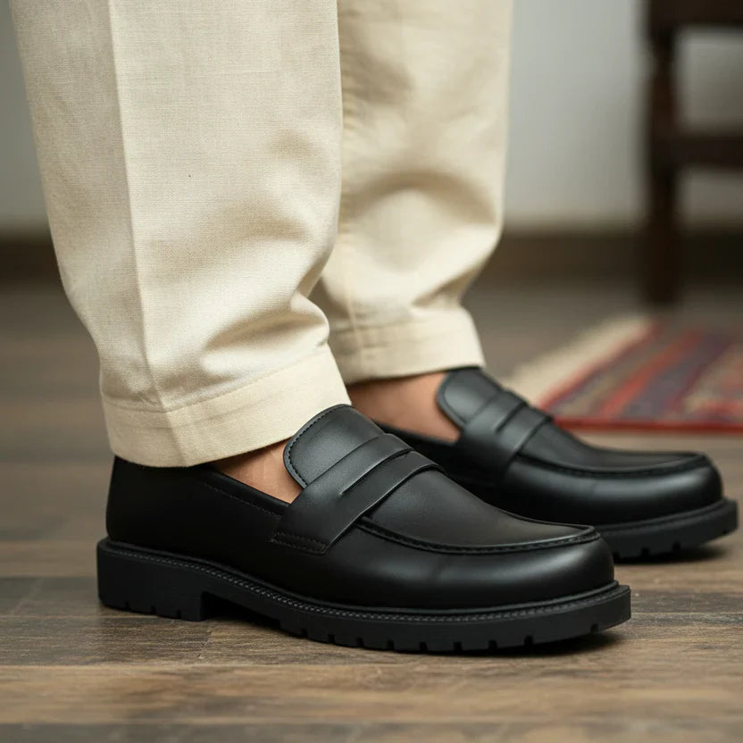 Black Medicated Genuine Leather Chunky Loafers for Men – Premium Comfort & Orthopedic Support